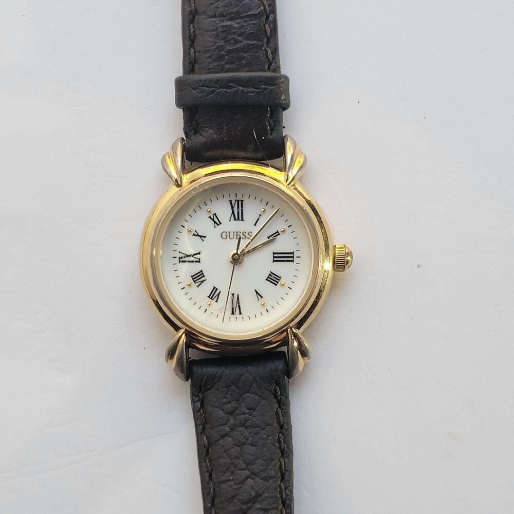 Vintage GUESS Womens Watch Gold Case White Dial Black Leather Strap Quartz